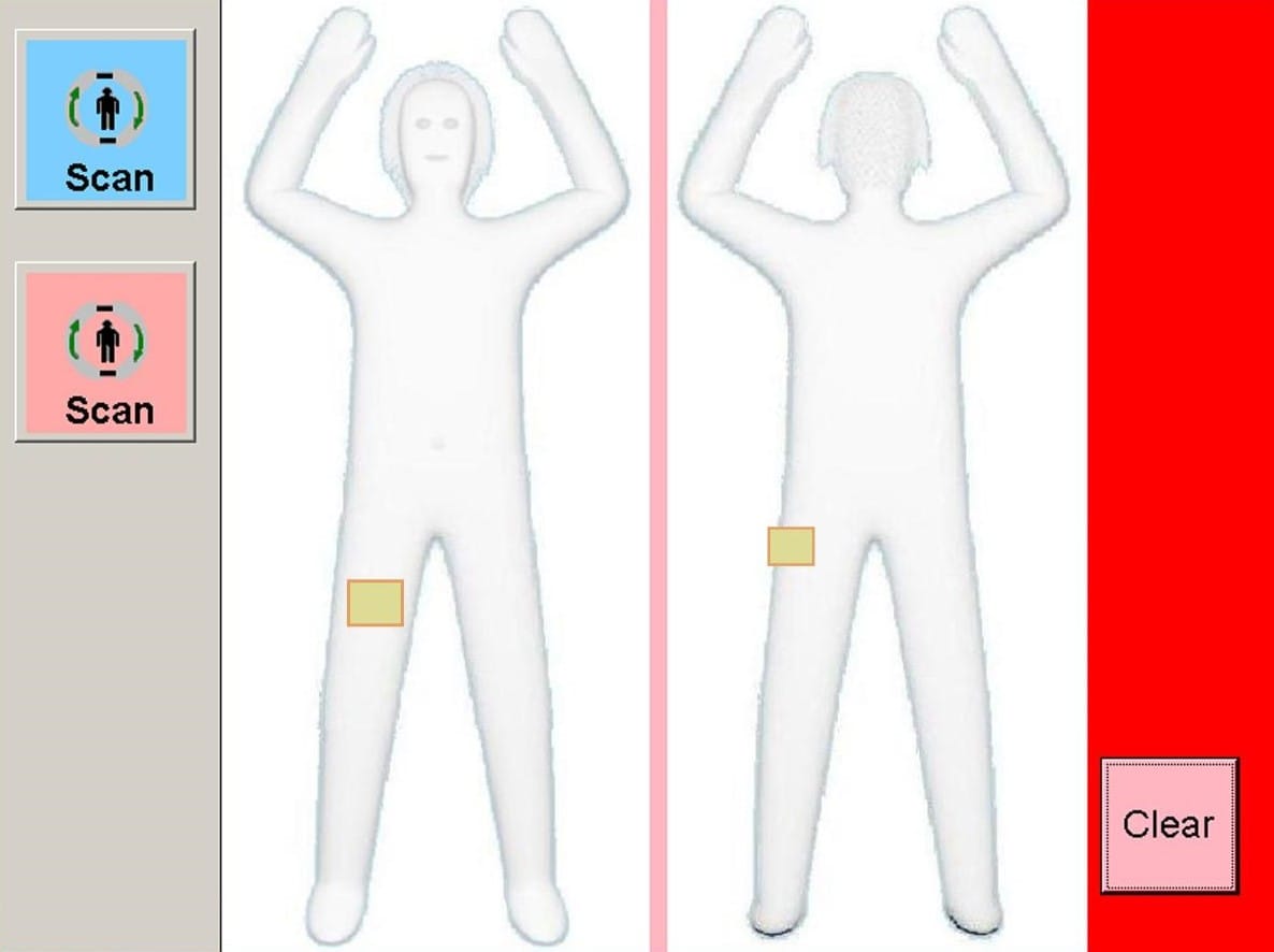 Signage explaining a TSA millimeter-wave full-body scanner. Photo: U.S. Transportation Security Administration, Wikimedia Commons, public domain.