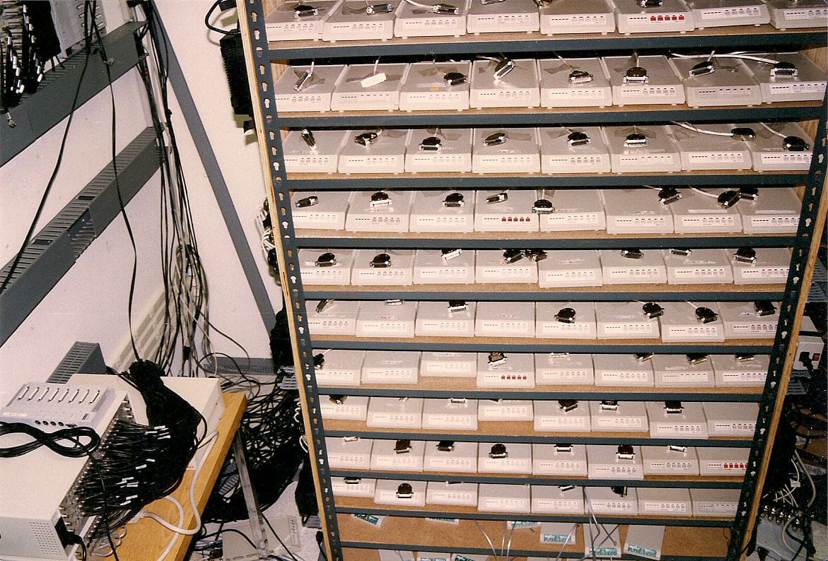 A bank of dial-up modems, the kind of infrastructure AOL ran out of in 1996. Photo: Richard Masoner / Cyclelicious, Wikimedia Commons, CC BY-SA 2.0.