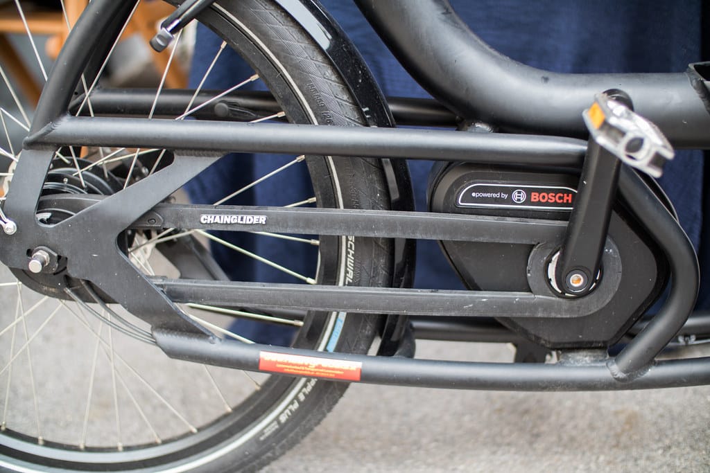 Close-up of an e-bike motor and battery housing