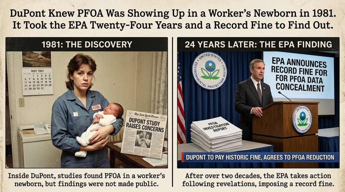 DuPont Knew PFOA Was Showing Up in a Worker's Newborn in 1981. It Took the EPA Twenty-Four Years and a Record Fine to Find Out.