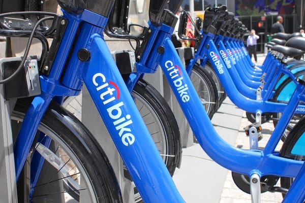 A row of docked bike-share bicycles