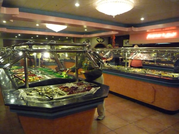 A hotel buffet food service line