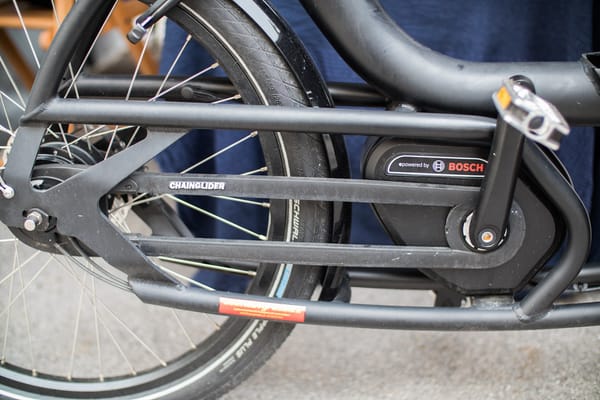 Close-up of an e-bike motor and battery housing